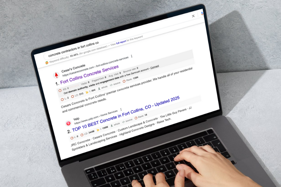 Person using a laptop with Google search page open, sipping coffee in a cozy workspace.