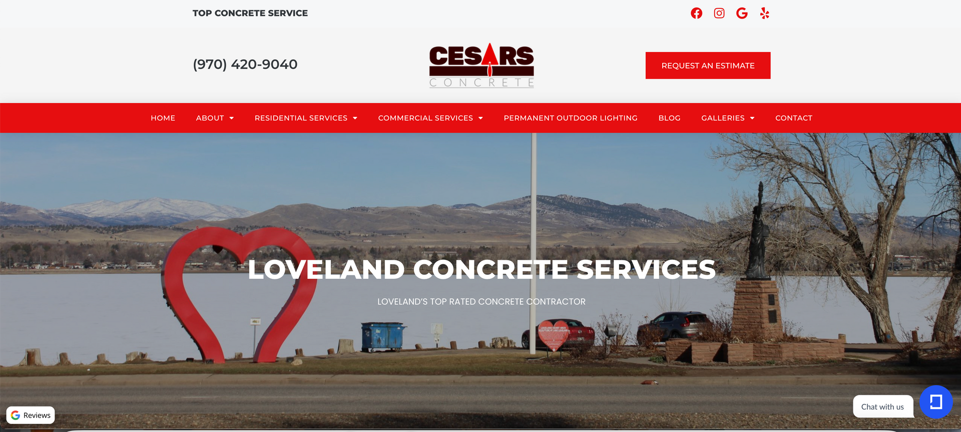 Cesars Concrete homepage for Loveland, CO, featuring the iconic heart sculpture and lake, highlighting local concrete services.