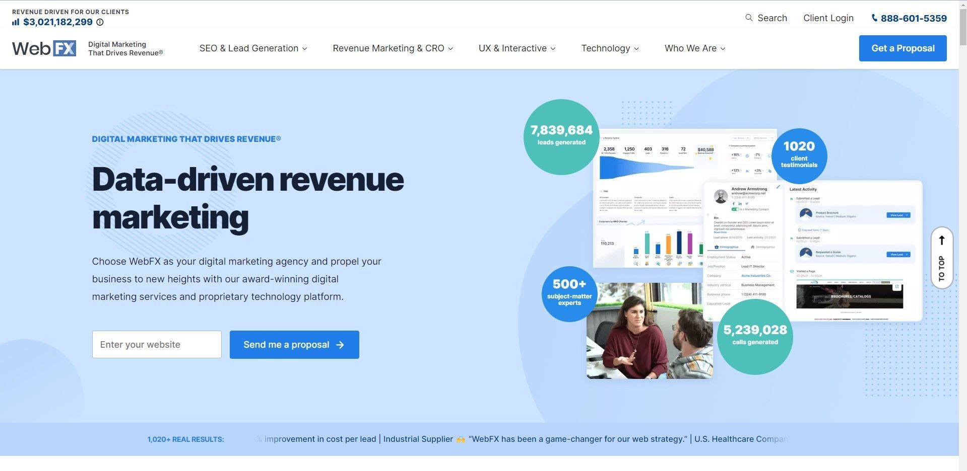 A screenshot of the website for data-driven revenue marketing.