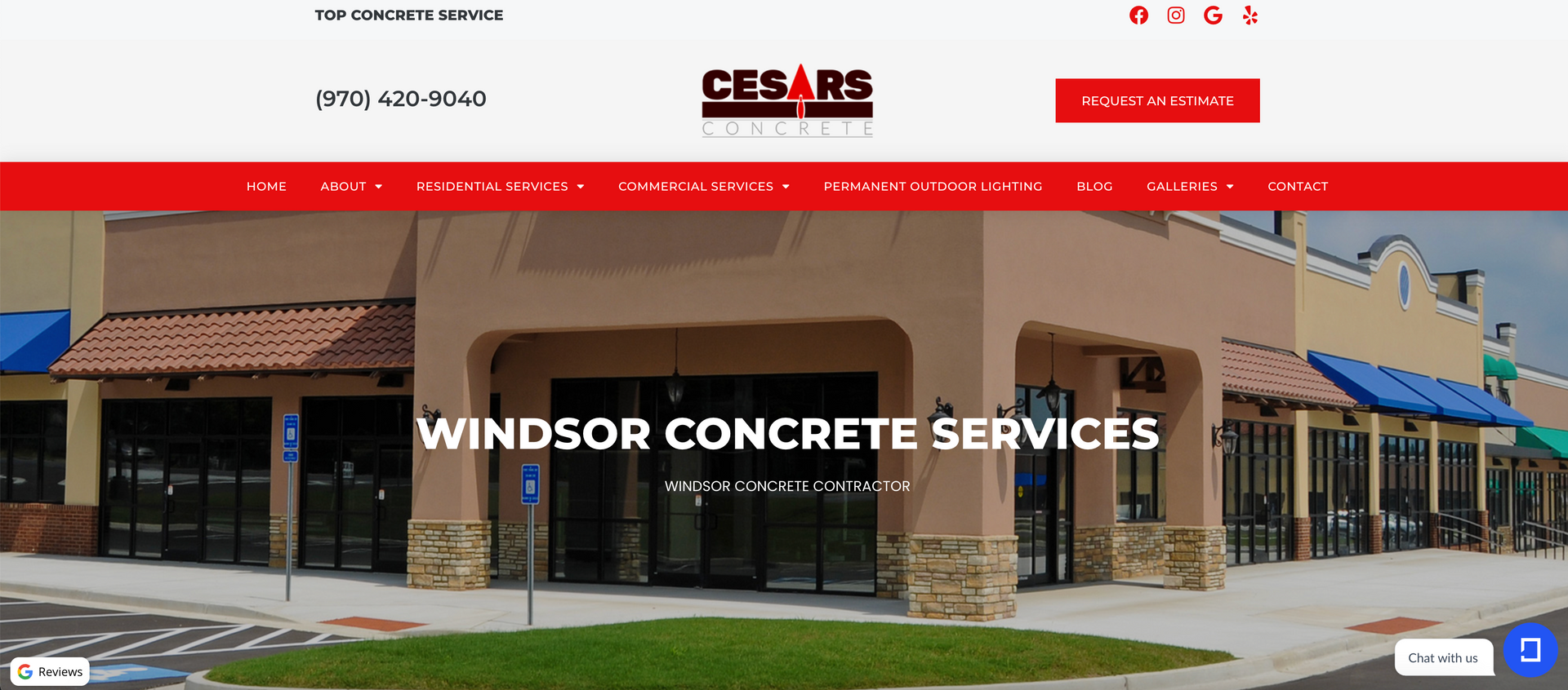 Cesars Concrete Windsor, CO service page showcasing a commercial building with custom concrete work, emphasizing local expertise.