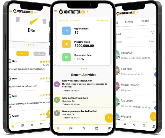 Three phones are displaying a contractor app on their screens.