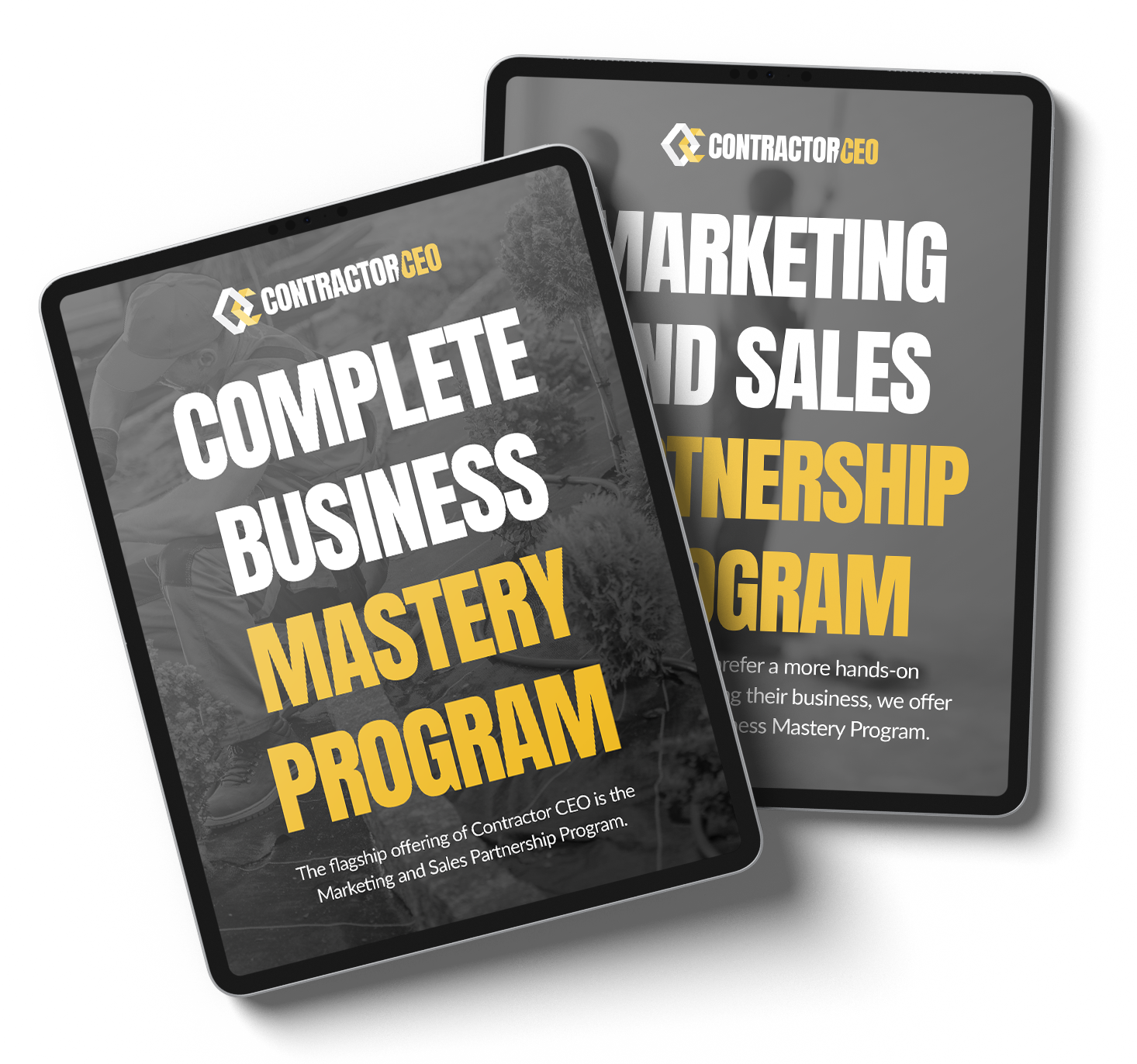 A complete business mastery program and a marketing and sales mastery program are on a tablet.