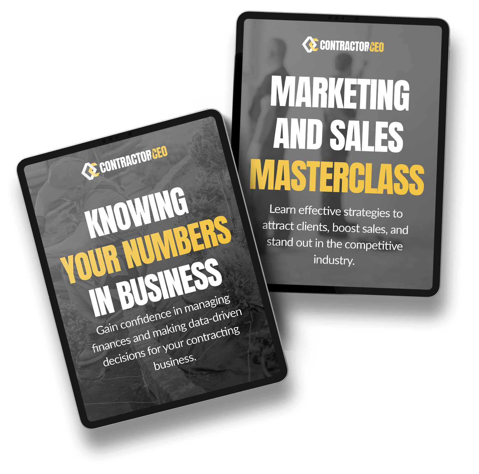 Two cards titled marketing and sales masterclass and knowing your numbers in business