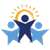 A logo featuring a central dark blue figure with arms raised under a yellow sun, flanked by two light blue figures.