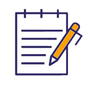A purple outlined notepad with lined paper and a yellow pen resting against it.