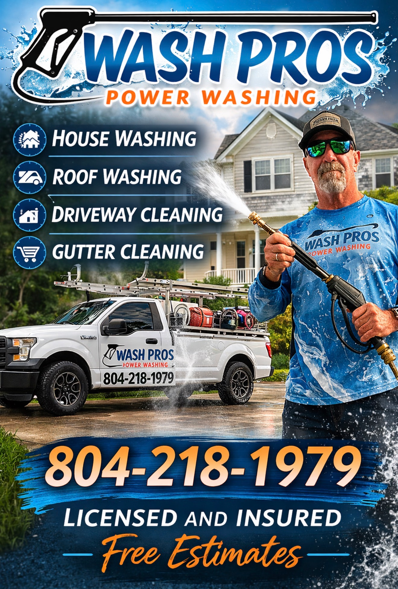 Wash Pros promotional flyer with a man using a power washer in front of a service truck and house. Includes phone number.