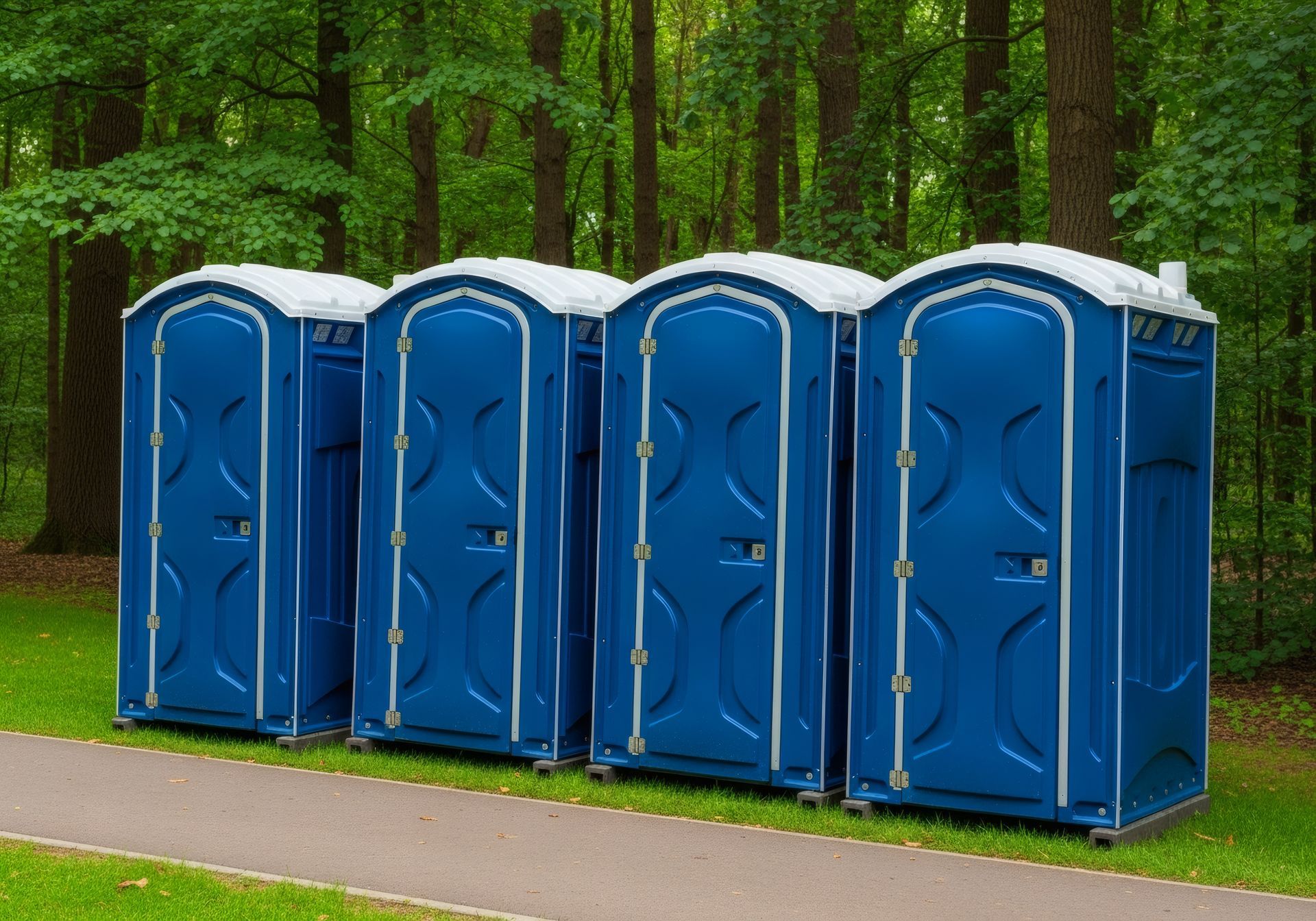 Photograph of five blue portable toilets lined up on grass beside a paved path with a forest backgro