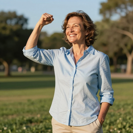 Smiling woman in a light blue shirt raising her fist in a sunny park