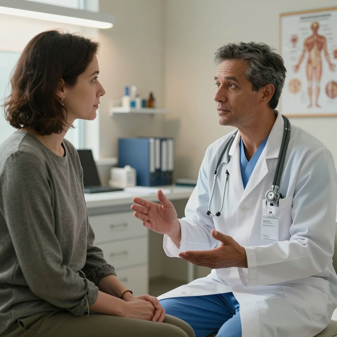 Doctor talking with a patient in a clinic exam room, gesturing while seated across from her.