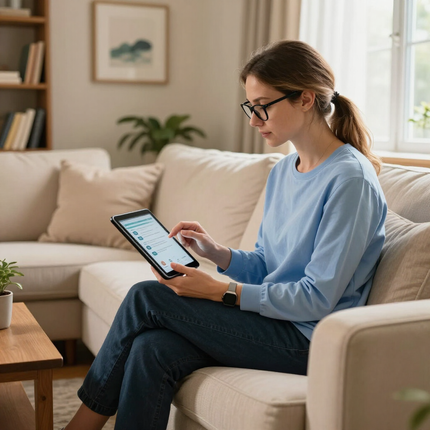 Person seated on a beige couch using a tablet in a bright living room