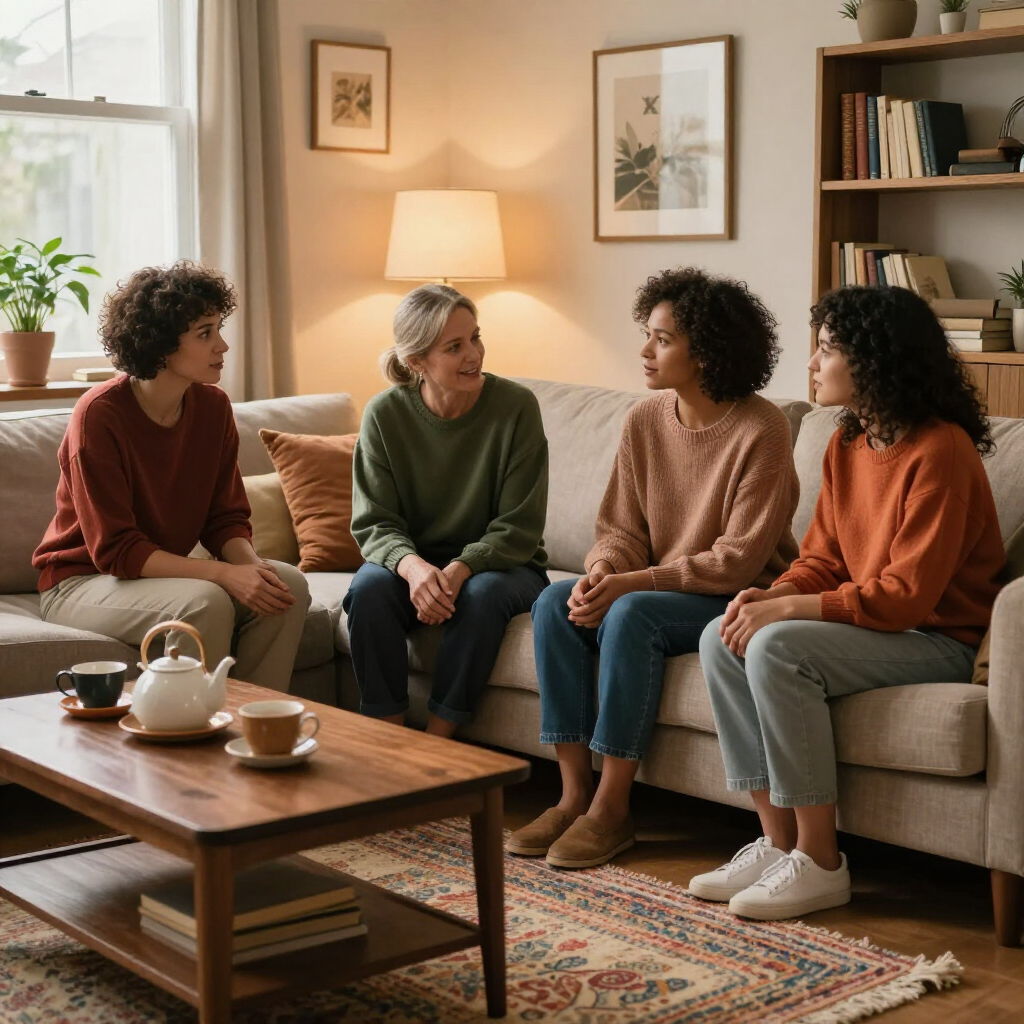 Four people chatting on a sofa in a cozy living room with warm lamp light and a coffee table