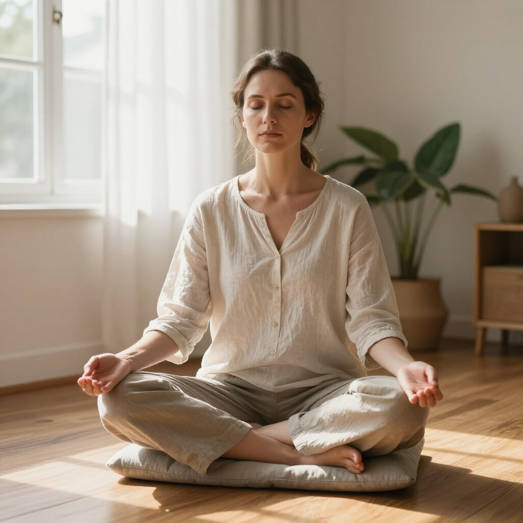 Person meditating cross-legged on a cushion in a sunlit room