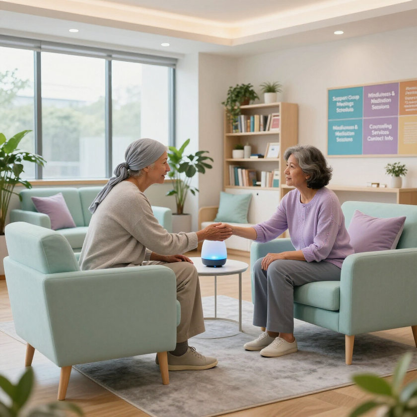 Two people talking in a bright counseling room, seated across from each other beside a small table.