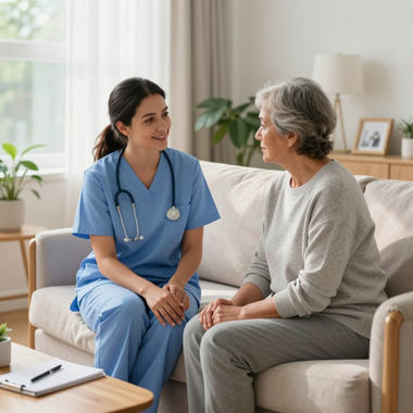 Nurse in blue scrubs talks with a seated patient on a couch in a bright living room