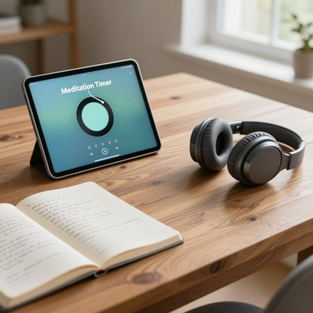 Tablet showing “Meditation Timer” beside headphones and an open notebook on a wooden table.