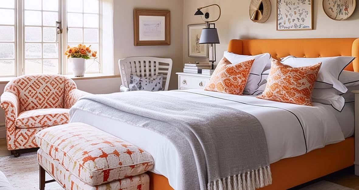 Orange bedroom with patterned armchair, bench, and bed frame; white linens, gray throw, artwork.