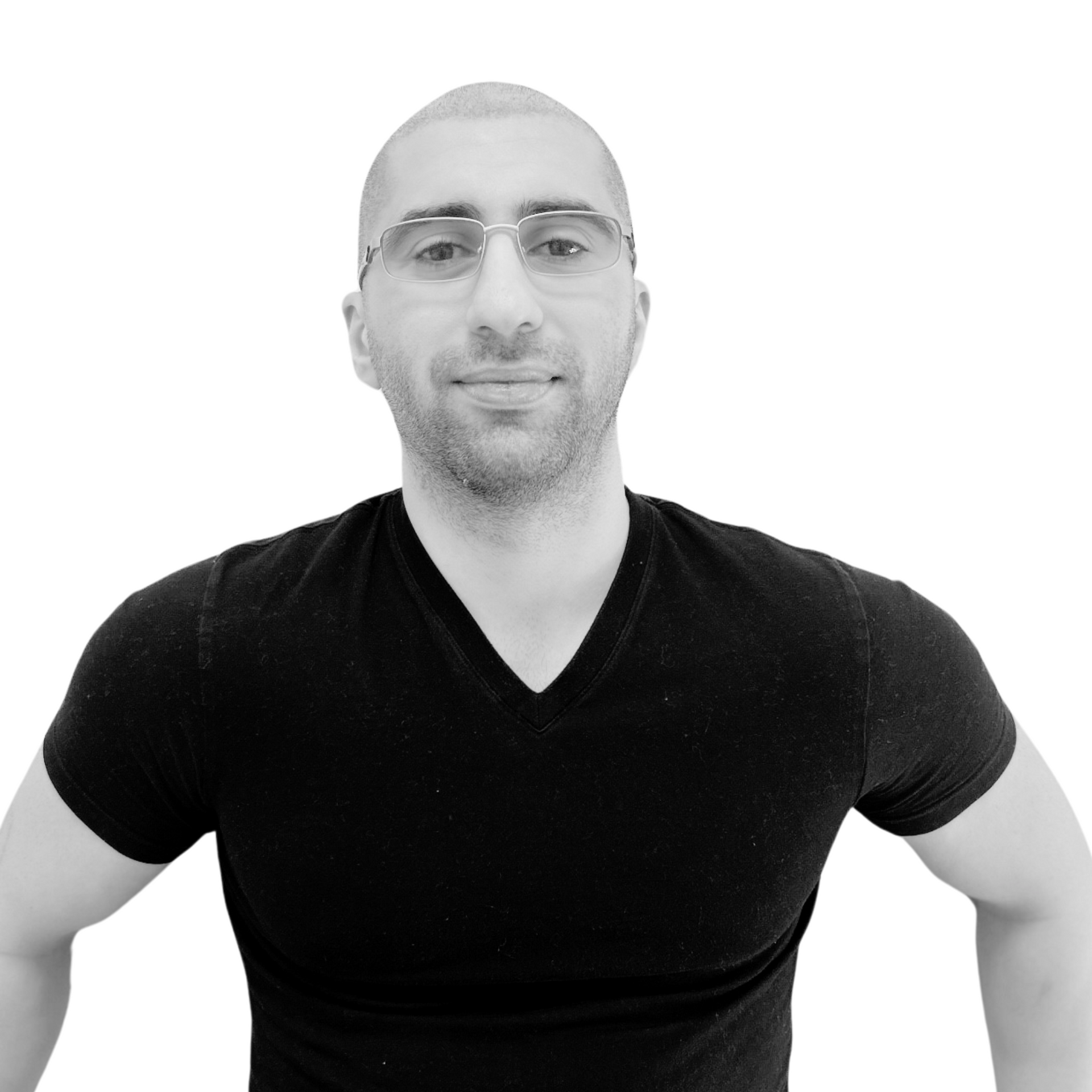 Man with glasses in black V-neck t-shirt, arms out, against white background.