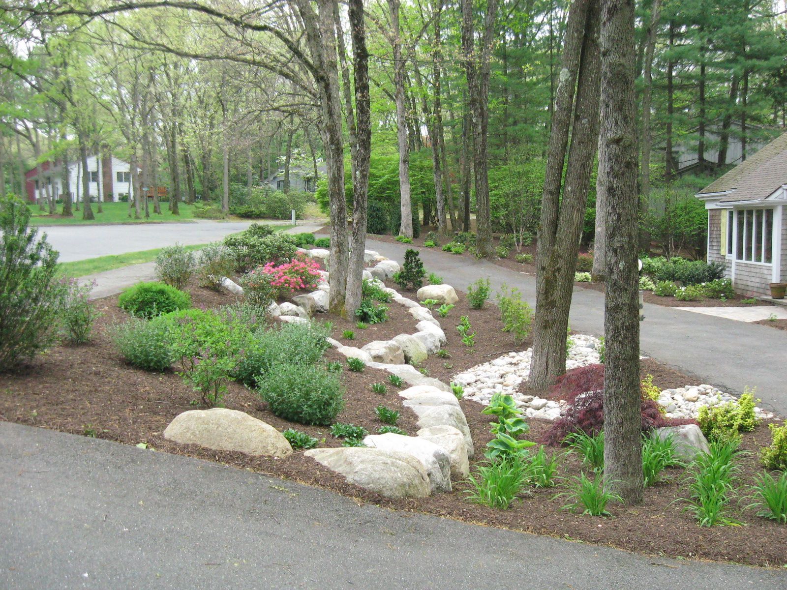 A winding stone garden bed with trees, shrubs, and flowers bordering a driveway.
