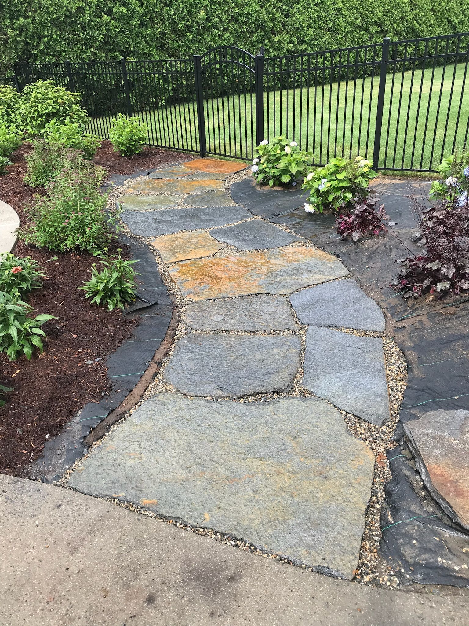 Stone pathway through a garden with plants and mulch, leading to a black fence.
