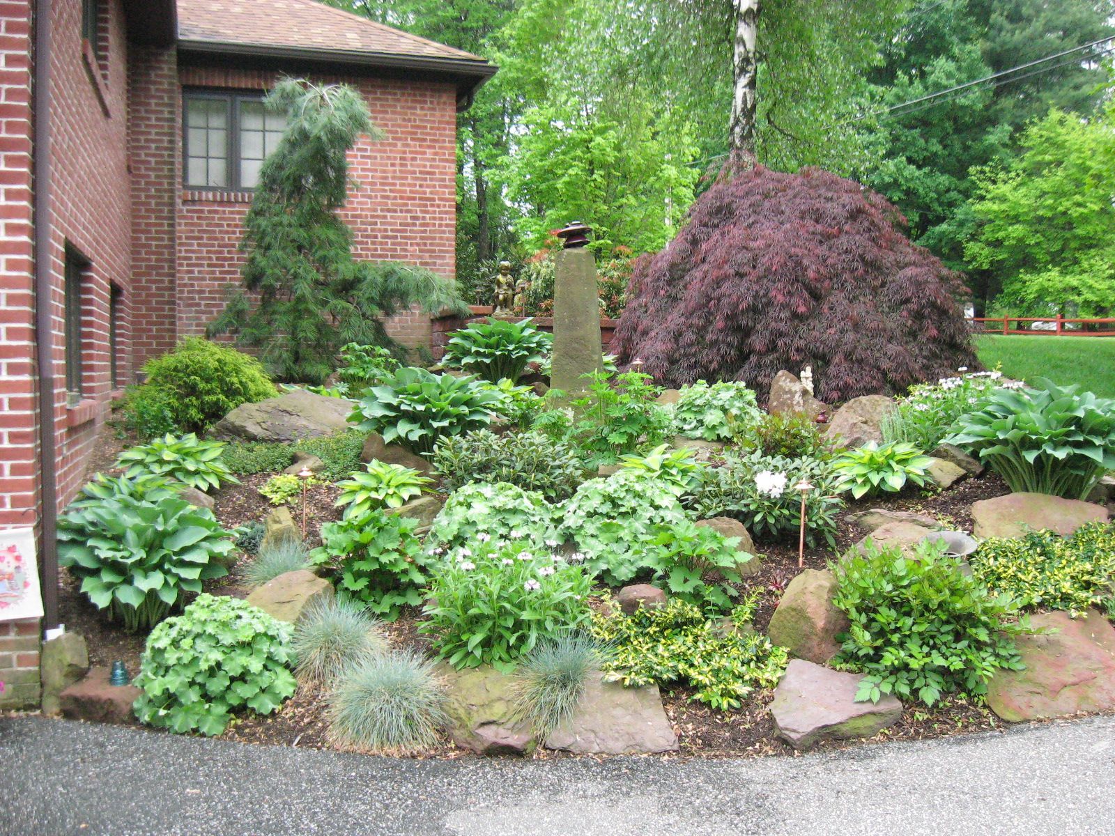 Landscaped garden bed with various green plants and rocks next to a brick building.