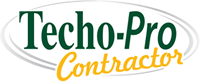 Logo for Techo-Pro Contractor, text in green and yellow with a gray oval around it.