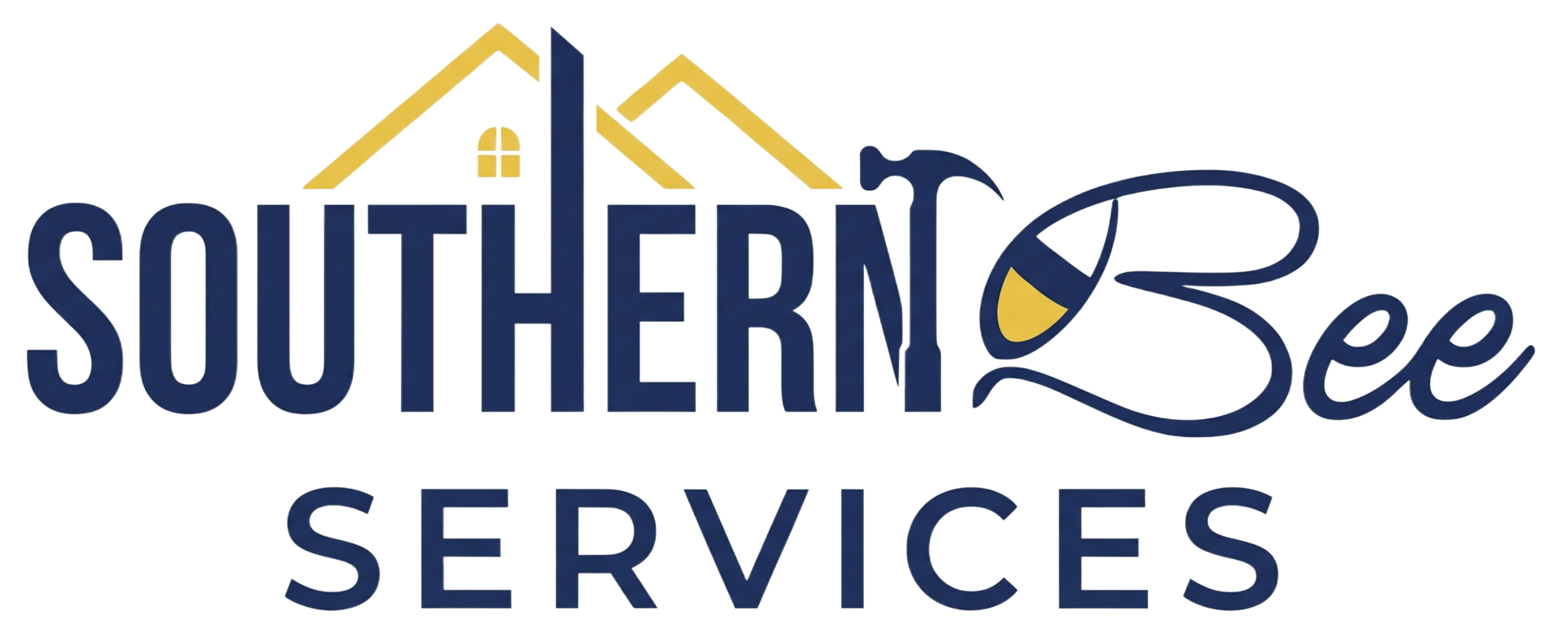 Southern Bee Services logo with navy text, a yellow roof, and a bee graphic