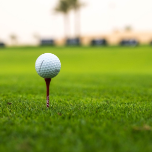 Golf ball on a tee in close-up on a green course, with blurred background
