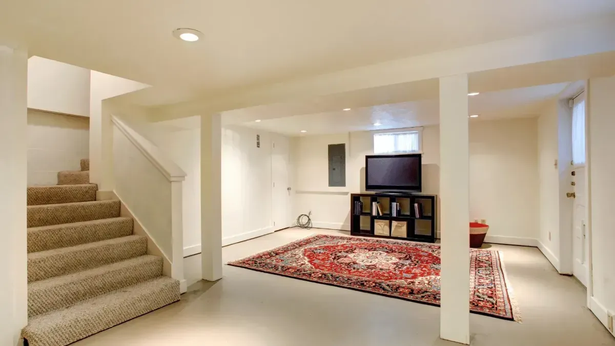 Bright basement living room with beige carpet, red area rug, TV, and stairs on the left