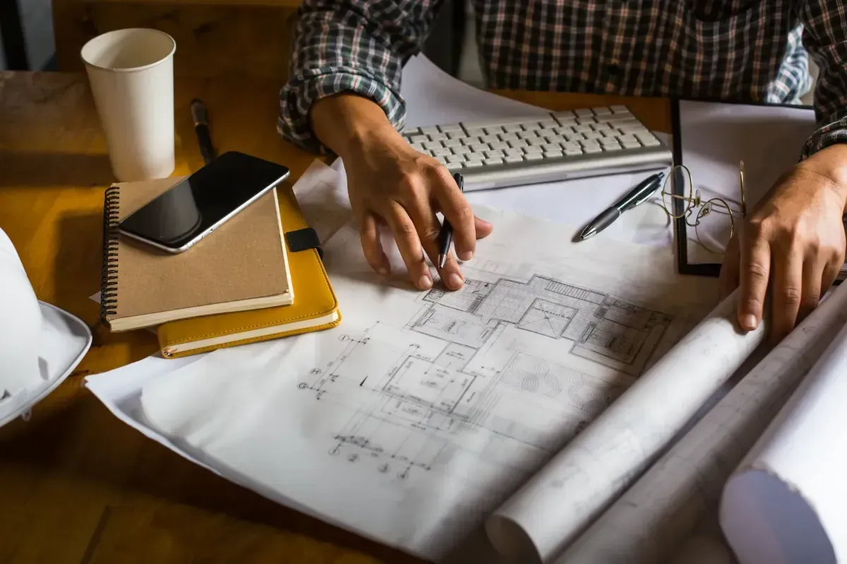 Person drafting blueprints at a desk with coffee, notebook, keyboard, and rolled plans