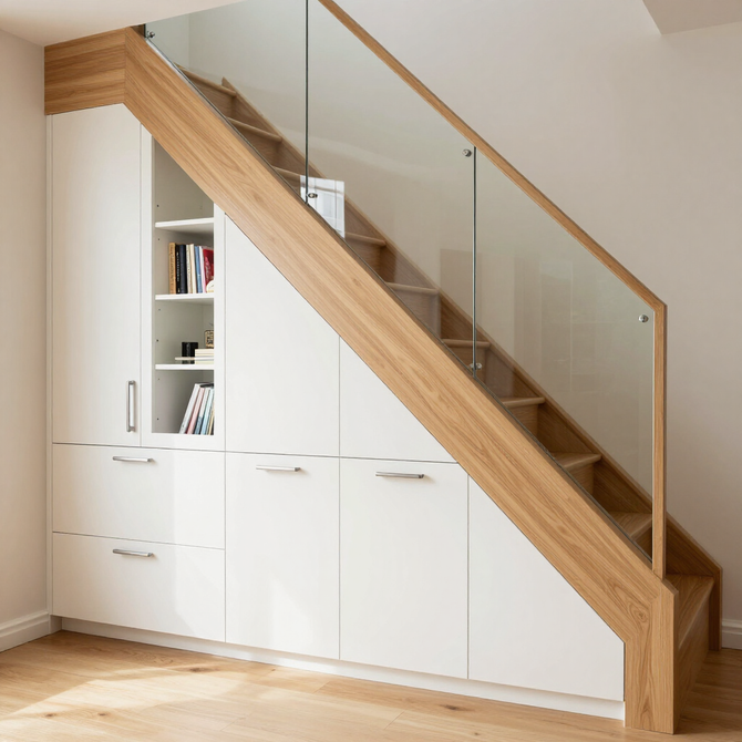 White built-in storage under a wooden staircase with glass railing in a bright room.