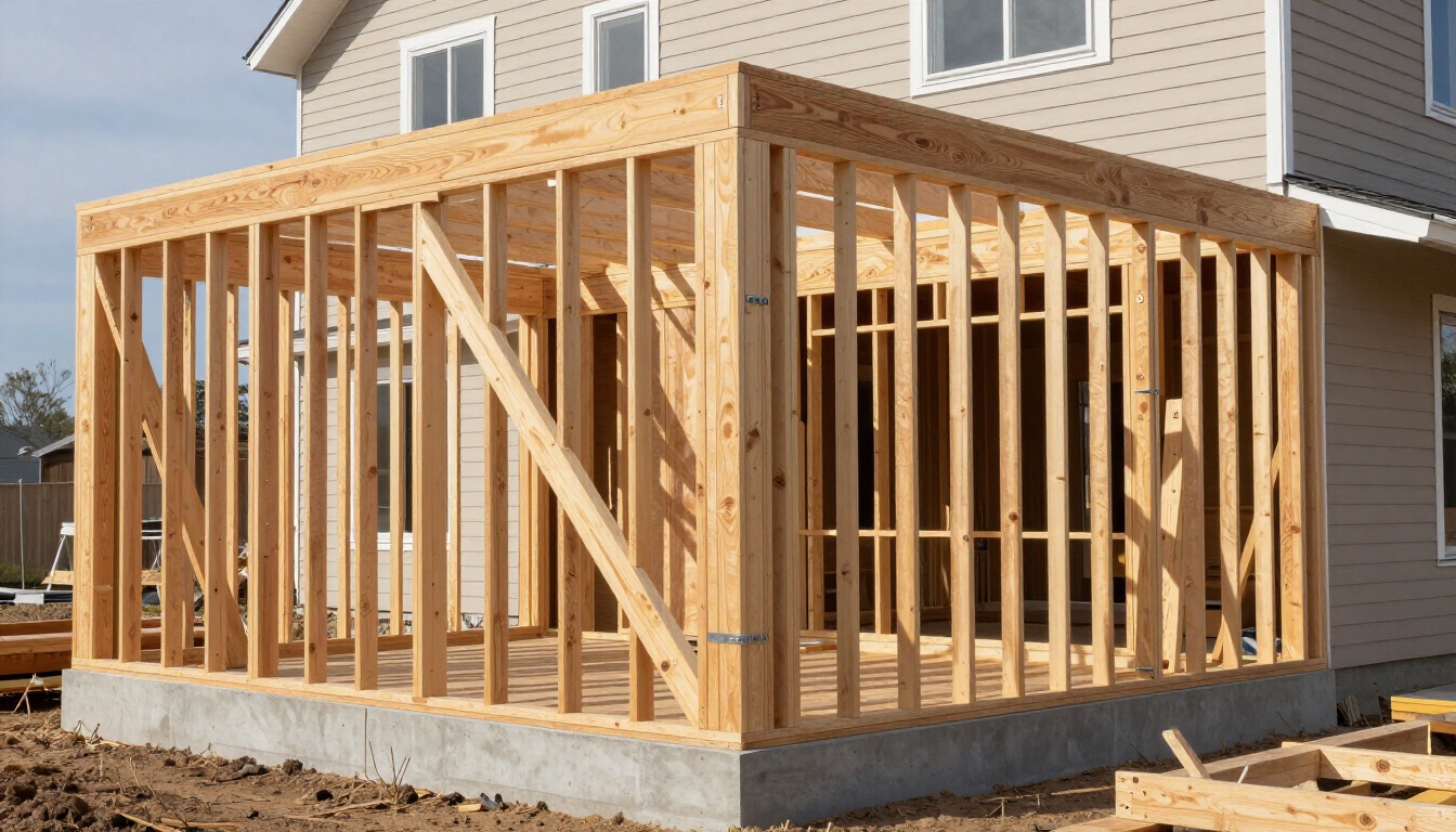 Wood-framed house addition under construction beside a tan siding home, with exposed studs and concrete foundation