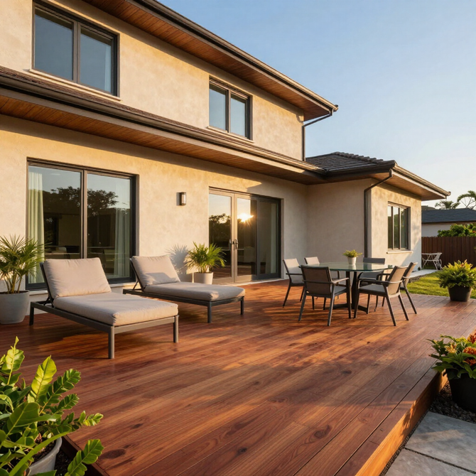 Modern two-story house with a large wooden deck, patio furniture, and potted plants at sunset