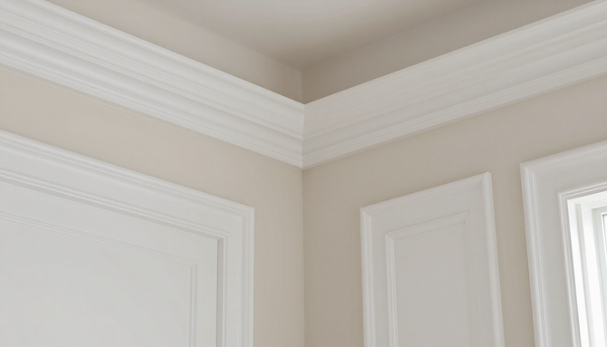 Beige room corner with white crown molding and paneled doors/window trim