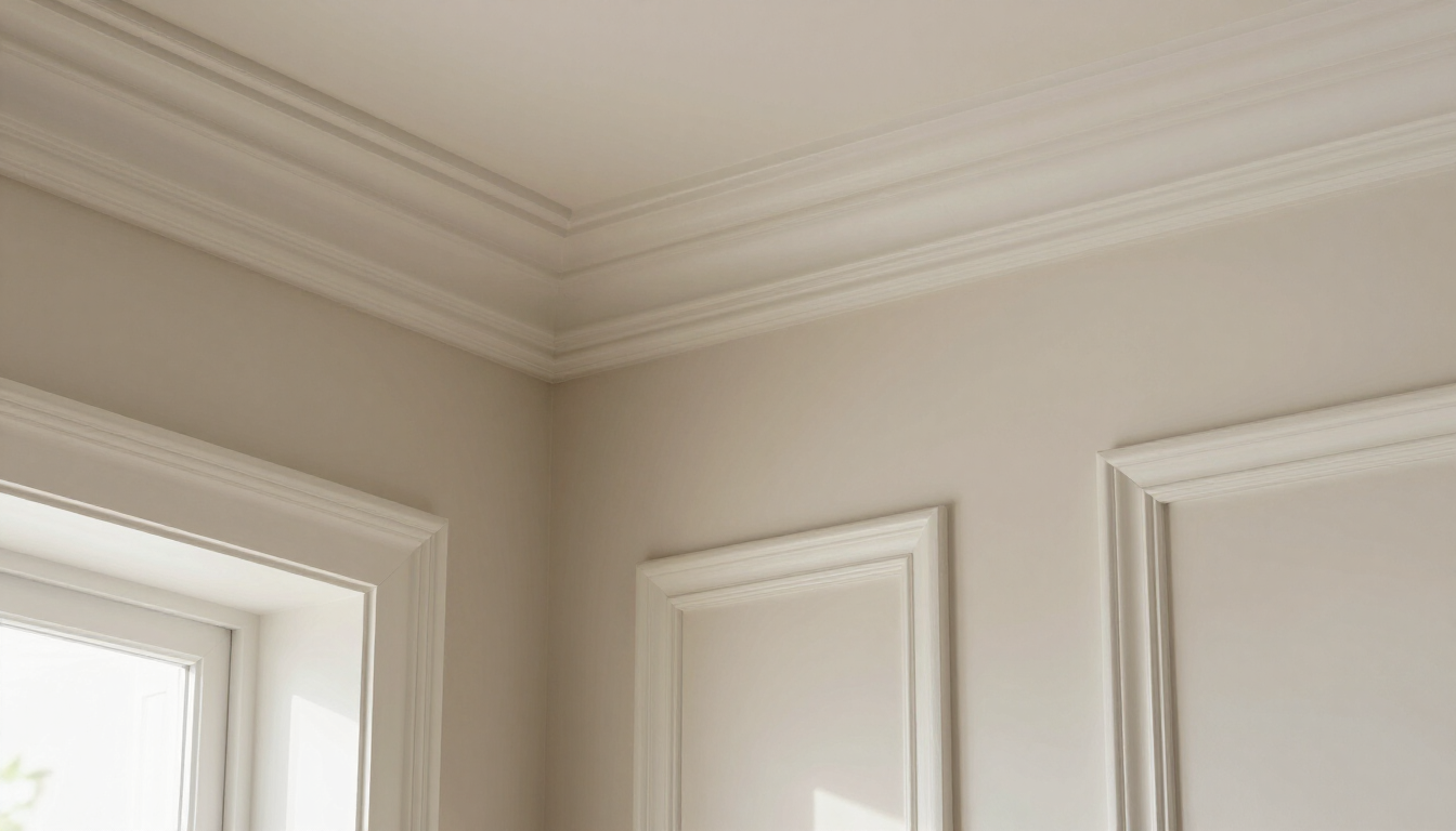 Cream-colored room corner with crown molding and white paneled walls near a window