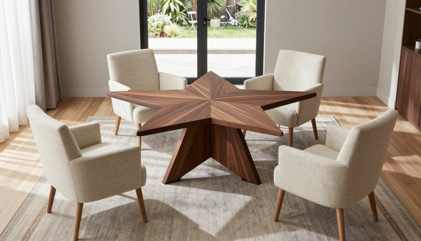 Modern dining room with a star-shaped wooden table and four beige armchairs on a patterned rug