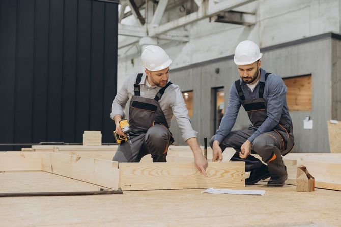 Two construction workers in hard hats measuring wood at a building site