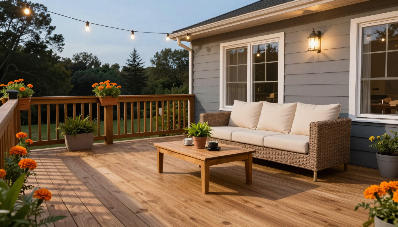 Cozy wooden deck with wicker sofa, coffee table, potted flowers, and string lights at dusk