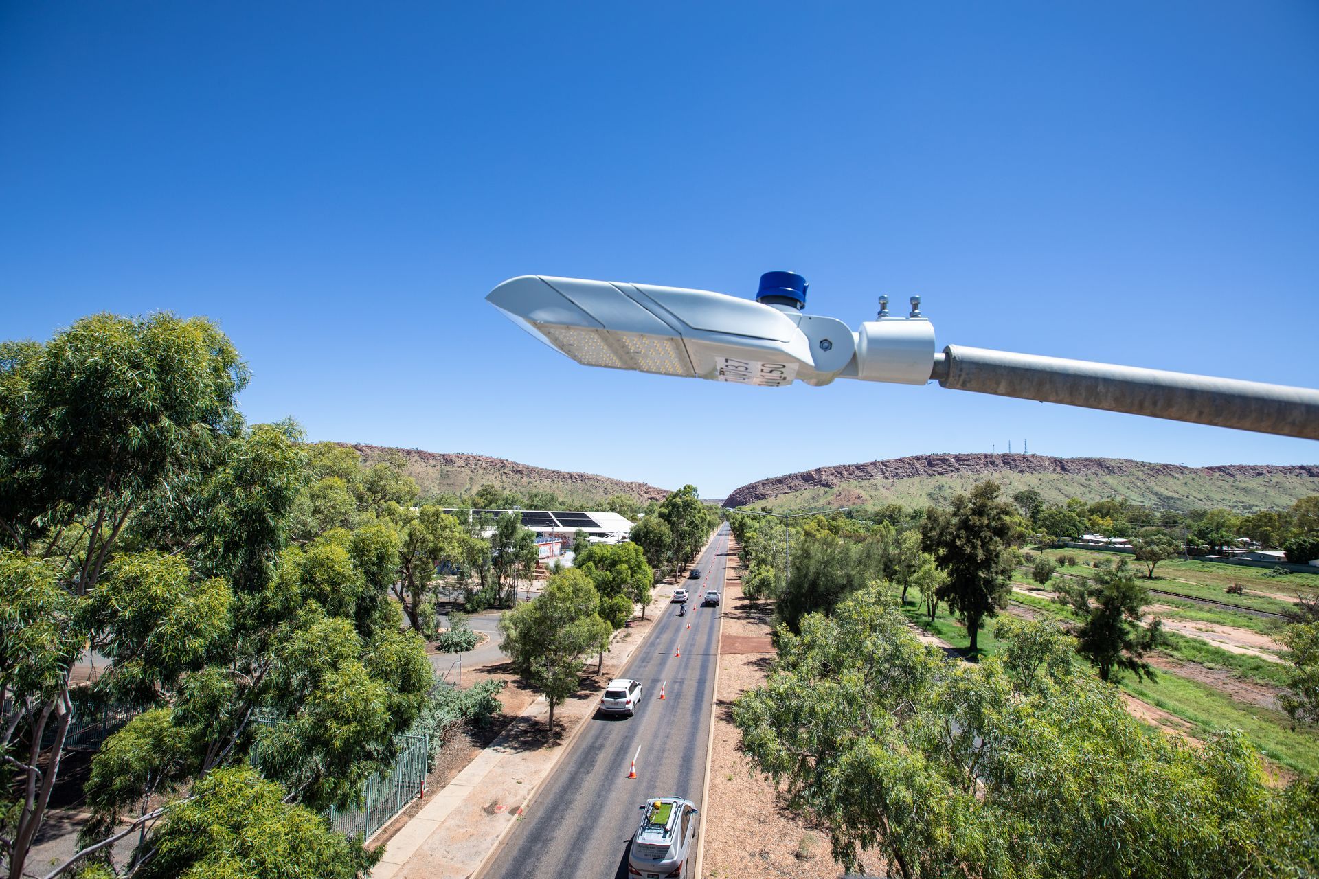 View from a streetlight over a tree-lined road with cars under a clear blue sky