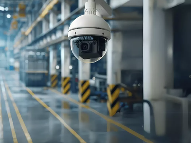 Security camera overlooking an industrial warehouse aisle with yellow-and-black safety markings