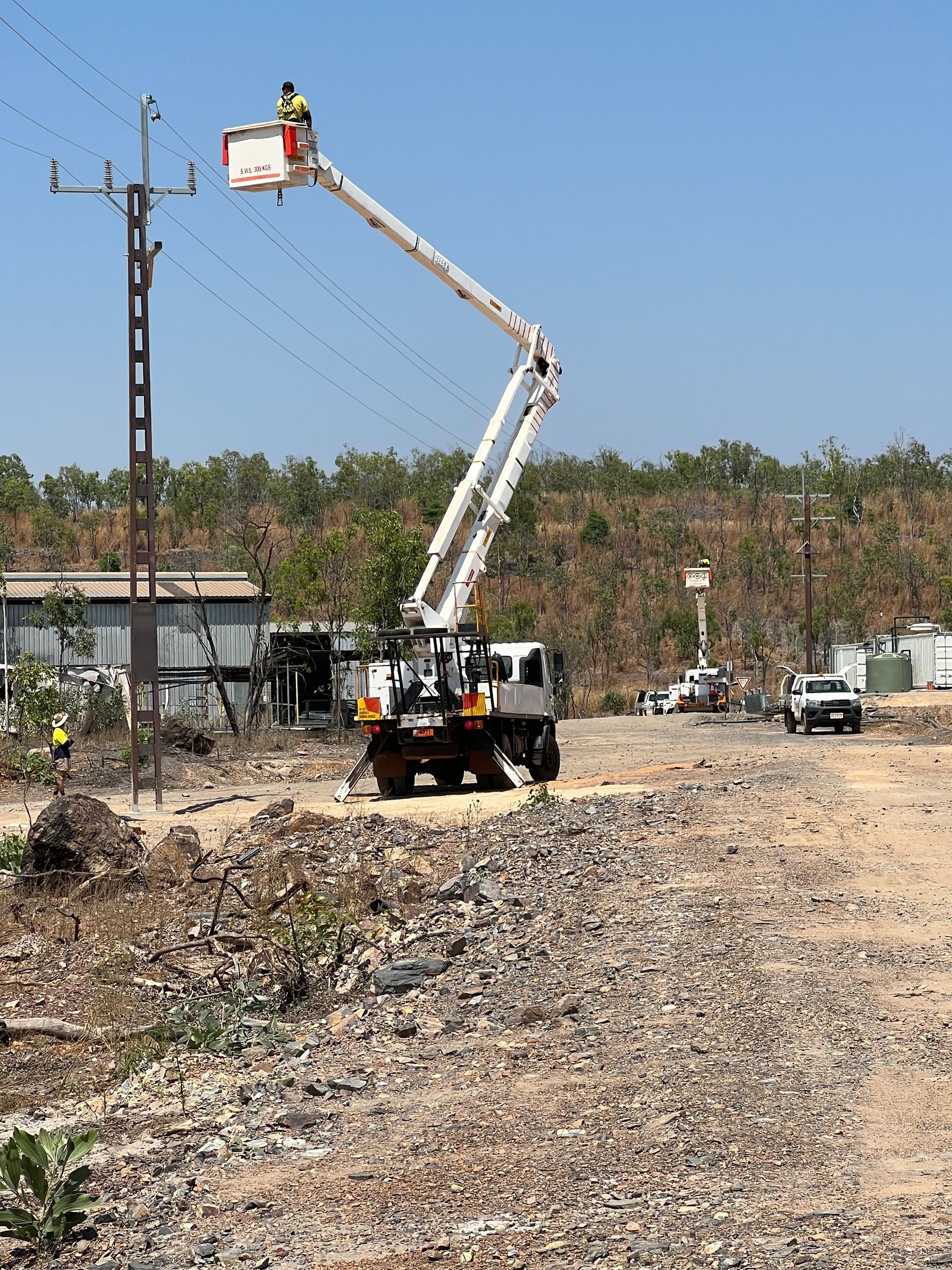 Bucket truck worker trimming tree branches beside a dirt road under a clear sky