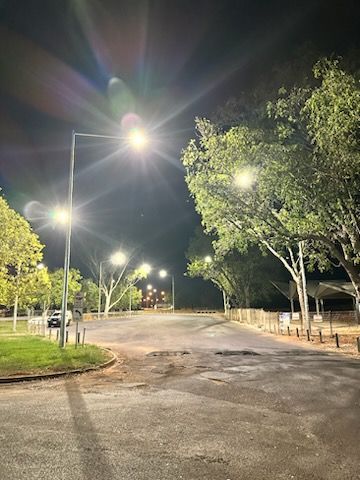 Empty road at night with bright streetlights and trees lining both sides.