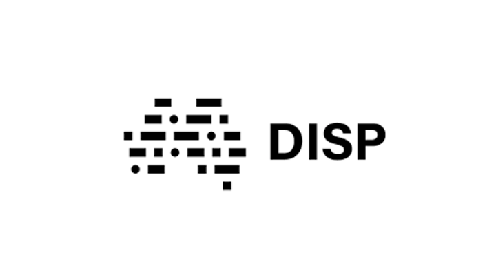 DISP logo with black pixelated icon and bold black text on a white background