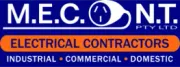 M.E.C.O.N.T Pty Ltd logo for electrical contractors, with blue and orange text on a white background