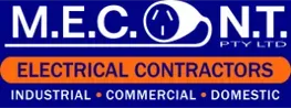 M.E.C.O.N.T Pty Ltd logo for electrical contractors, with blue and orange text on a white background