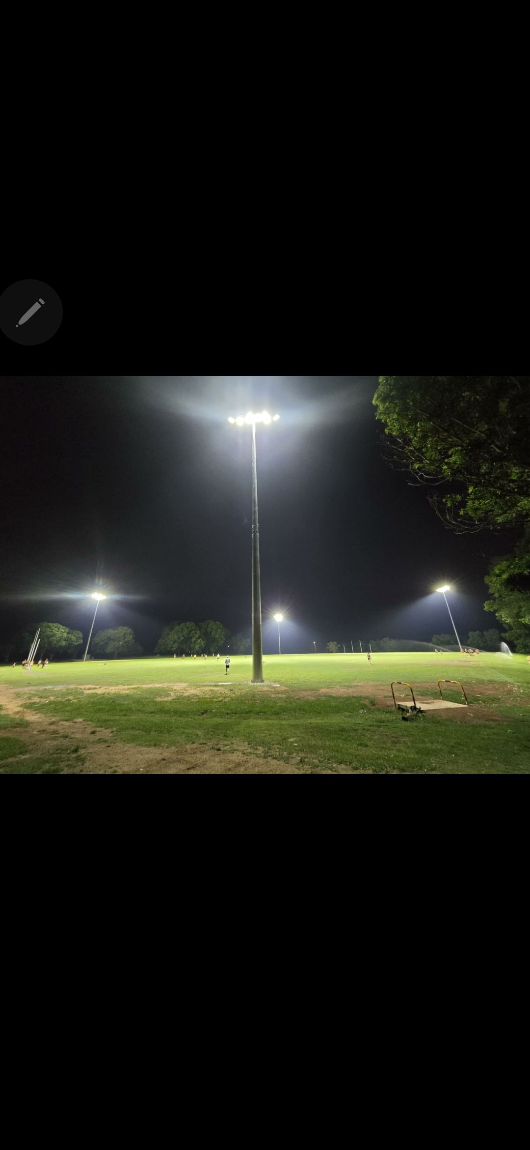 Night park with bright streetlights illuminating a grassy field and trees.