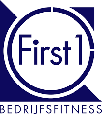 Logo voor First 1 Bedrijfsfitness in donkerblauw. Tekst