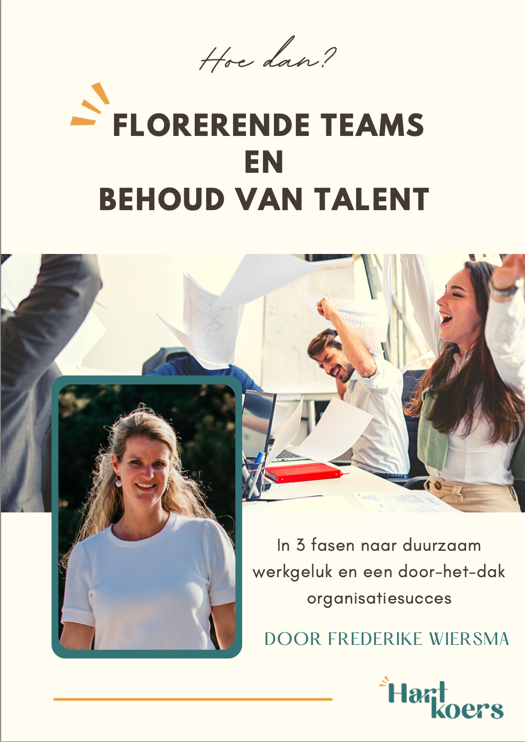 Poster over bloeiende teams en het behouden van talent. Portret van een vrouw, blije mensen die feestvieren, bedrijfslogo.