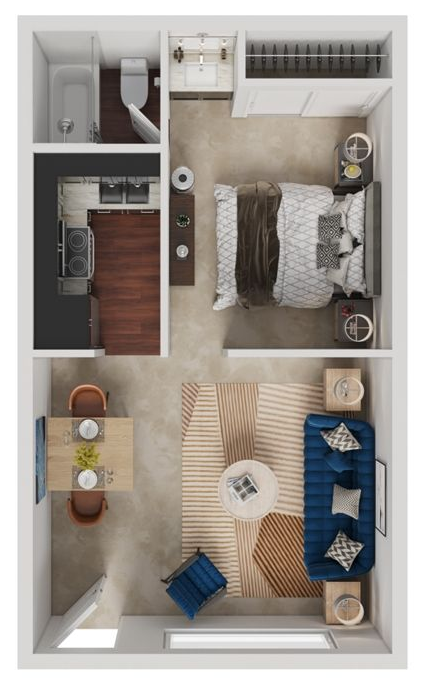Top-down view of a small apartment floor plan with wood stairs, beige living room, and blue sofa.