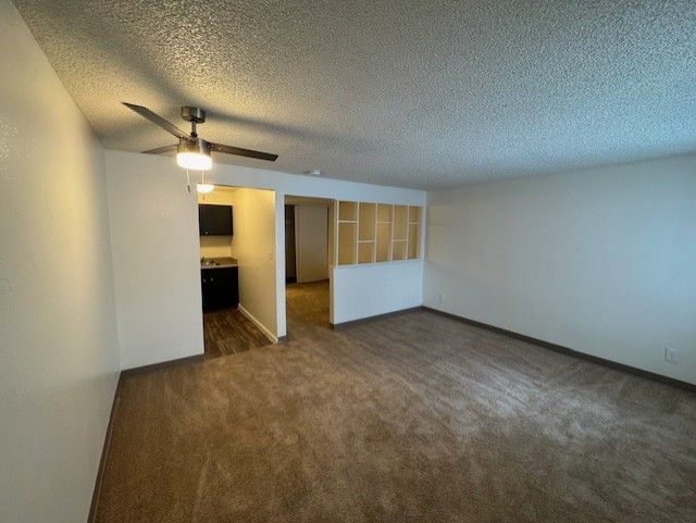 Empty living room with brown carpet, ceiling fan, and open pass-through to kitchen and hall.