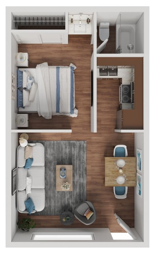 Top-down view of a small apartment floor plan with bedroom, bathroom, kitchen, and living area.